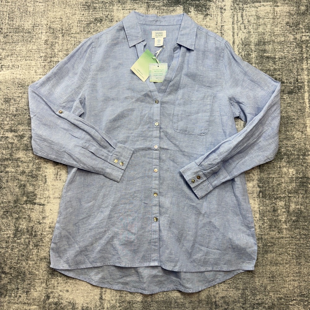 Sigrid Olsen Top Women Medium Blue Linen Button Up Tunic Roll Tab Coastal Resort